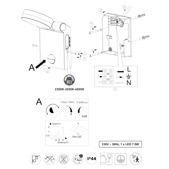 Applique antracite da esterno sensore movimento led 7w 2300k 3000k 4000k