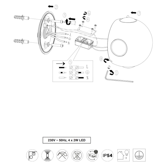 Applique da esterno sfera bianca 8w 3000k moderna 4 fasci di luce