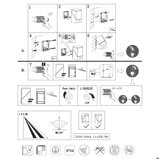 Applique grigia da esterno con sensore di movimento luce orientabile led 7w 3000k ip54