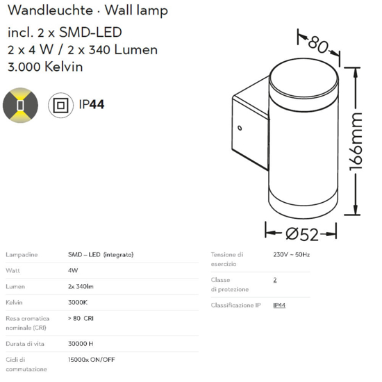 Applique da bagno cilindro cromo led 8w 3000k ip44