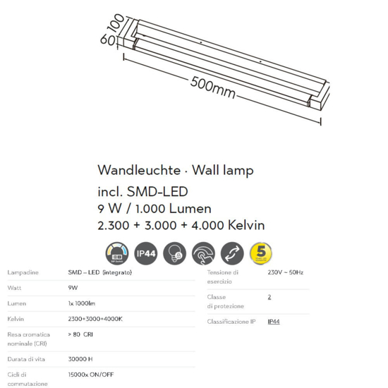 Applique nera per bagno led 9w 3000k 4000k orientabile dimmerabile