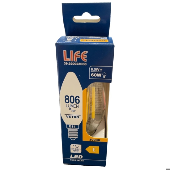 Life lampadina led e14 6.5w 3000k 806lm vetro trasparente filamento 320