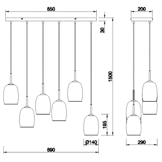 Lampadario da cucina 6 luci con paralumi in vetro