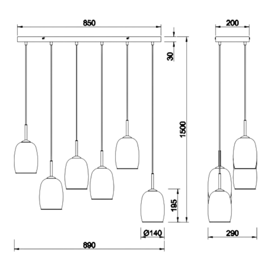 Lampadario per cucine moderne in vetro fume'