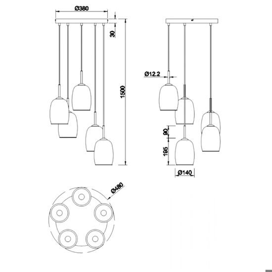 Lampadario per tavolo cucina in vetro 5 luci