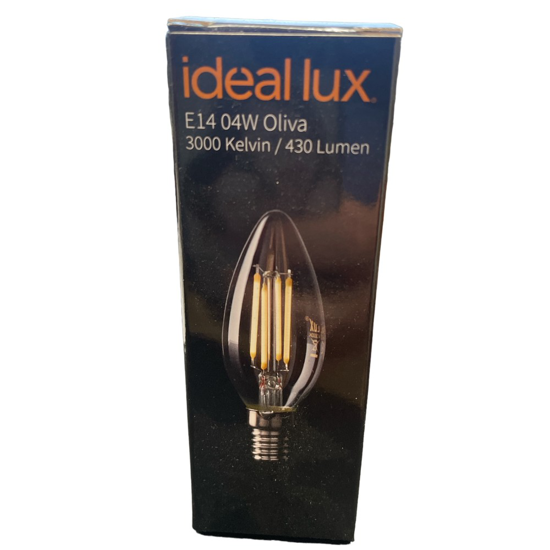 Lampadina e14 led 4w 3000k 470lm oliva trasparente filamento ideal lux