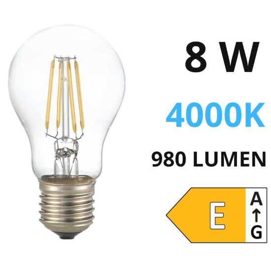 Lampadina e27 led 8w 4000k 980lm filamento goccia trasparente ideal lux
