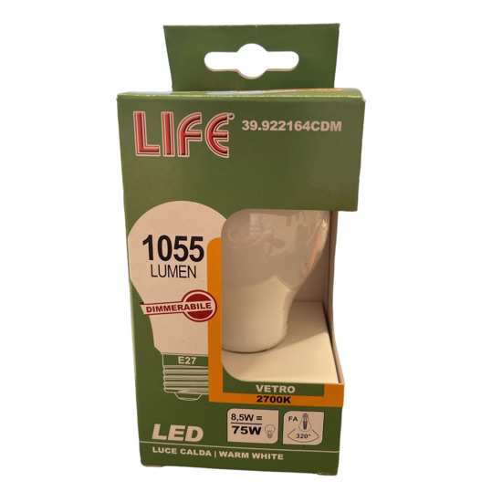 Life lampadina led goccia e27 8.5w 2700k dimmerabile vetro bianco
