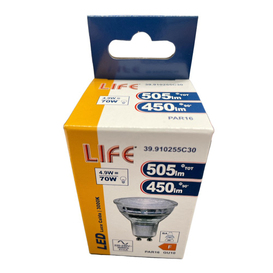 Life lampadina di vetro led gu10 4.9w 3000k ottica 36 505lm fp