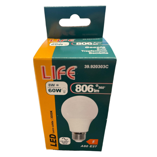 Life lampadina led e27 goccia bianca 8w 3000k 806lm ottica 310