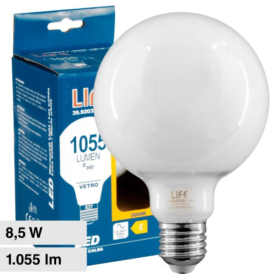 Life lampadina globo milky e27 8.5w 3000k 1055lm vetro bianco