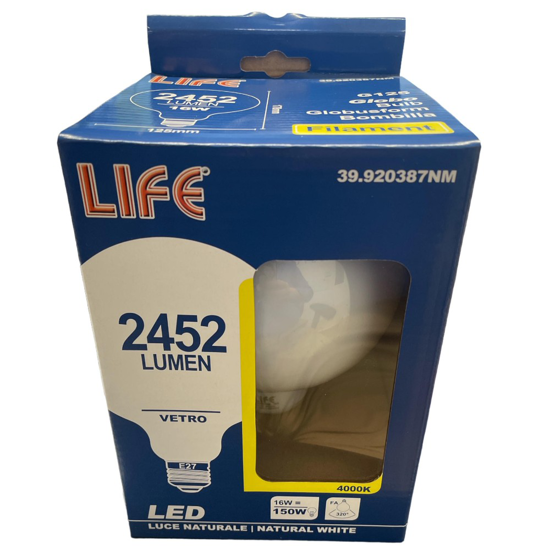 Lampadina life e27 16w 4000k 2452lm globo vetro bianco milky