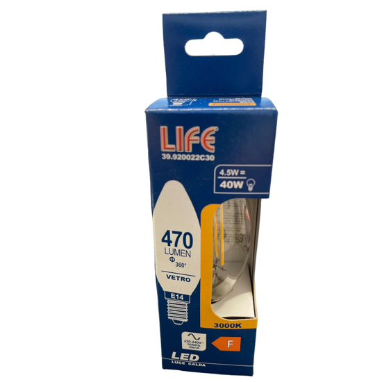 Life lampadina candela vetro led e14 470lm 4,5w 3000k filamento trasparente
