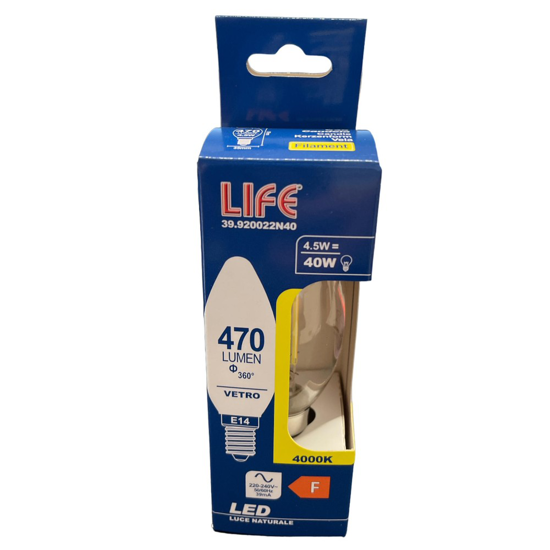 Life lampadina led oliva e14 4.5w 4000k 470lm vetro trasparente 39.920022n40