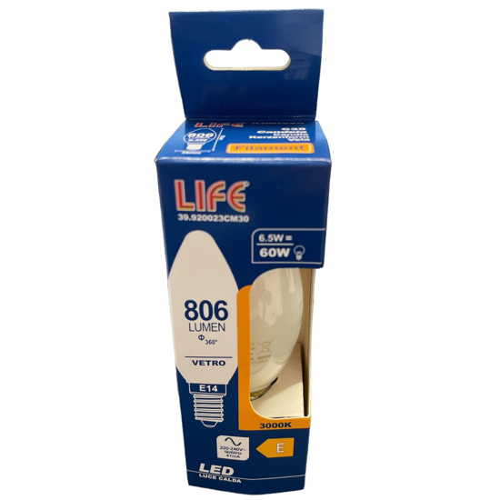 Life lampadina e14 candela led 6,5w 3000k 806lm vetro bianco milky