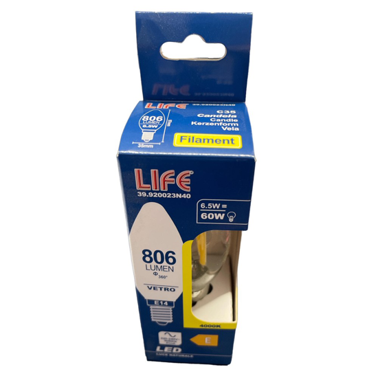 Lampadina e14 led 6,5w 4000k 806lm life candela vetro trasparente