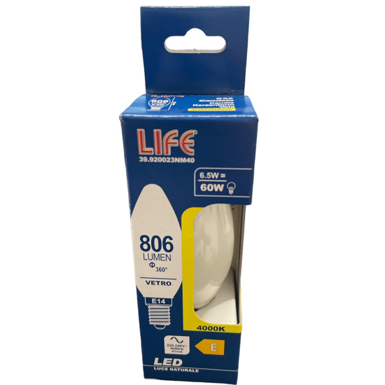 Life lampadina led e14 candela 6.5w 4000k 806lm vetro bianco milky