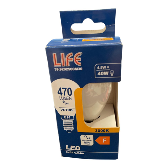 Life lampadina led e14 milky 4,5w 3000k 470lm minisfera  vetro bianco