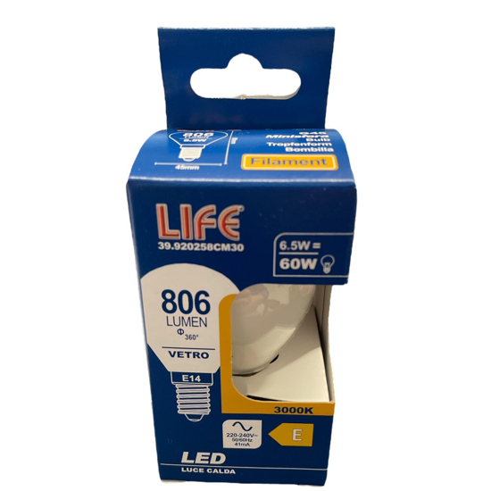 Life lampadina e14 led 6,5w 3000k 806lm mini sfera bianca  vetro milky