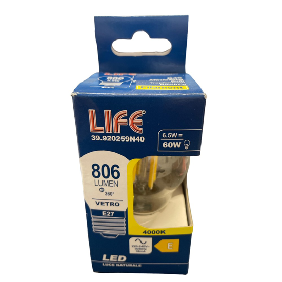 Life lampadina e27 led 6,5w 4000k 806lm minisfera vetro trasparente