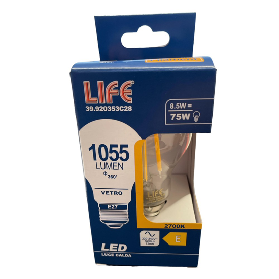 Life lampadina goccia e27 led 8.5w 2700k 1055lm vetro trasparente