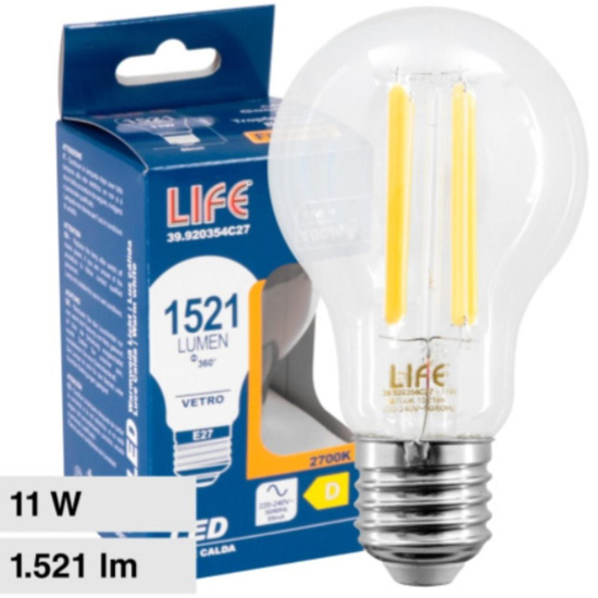 Life lampadina e27 11w 3000k 1521lm vetro goccia trasparente