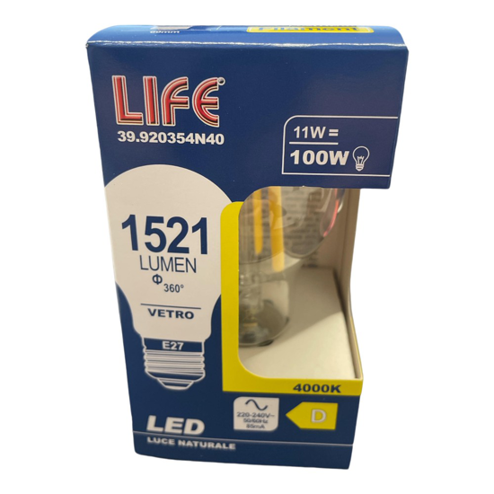 Life lampadina goccia e27 11w 4000k 1521lm vetro trasparente filamento