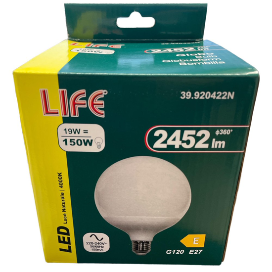 Life lampadina led globo e27 19w 4000k 2452lm 