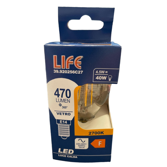 Lampadina minisfera led 4.5w e14 2700k 470lm vetro trasparente