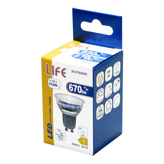 Life lampadina di vetro gu10 led 6,7w 3000k ottica 60 670lm cri80