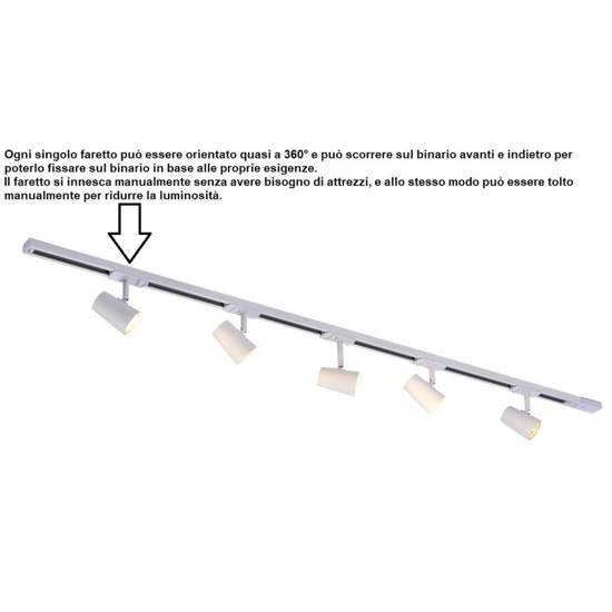 Binario da soffitto bianco 150cm con 5 faretti orientabili fp