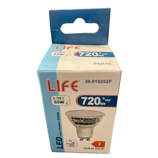 Life lampadina led gu10 vetro 6.7w 6500k 720lm 220v ottica 180