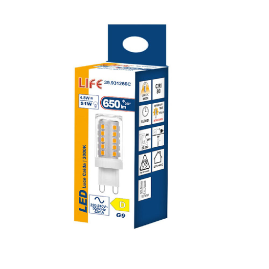 Life lampadina led g9 4.8w 3000k 650lm ottica 300 