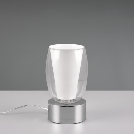 Lampada da tavolo cromo design moderno paralume vetro trasparente