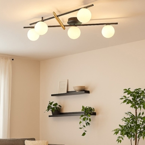 Plafoniera miloox kika nera e oro design moderno 5 sfere vetro bianco