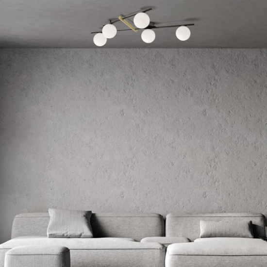 Plafoniera miloox kika nera e oro design moderno 5 sfere vetro bianco