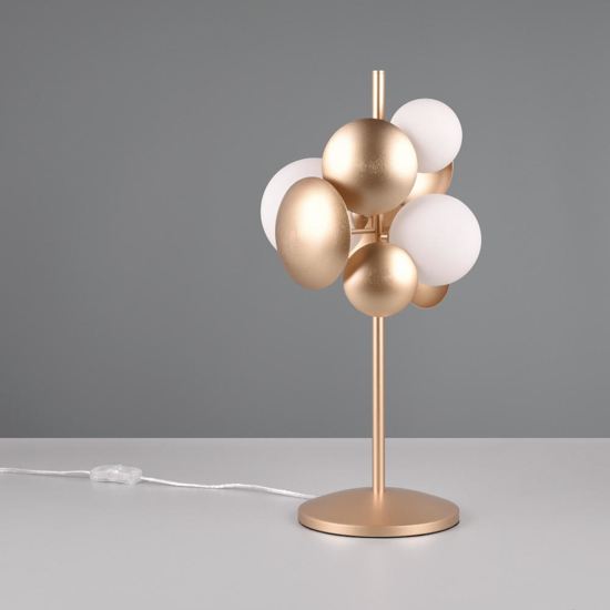 Lampada da tavolo design moderno oro sfere vetro bianco