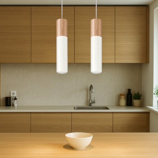 Lampadario 2 luci per isola cucina bianco legno