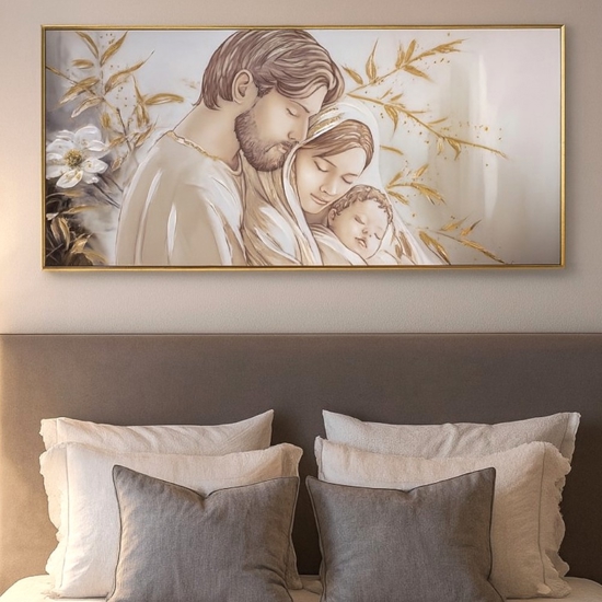 Capezzale sacra famiglia 120x60 decorato resina lucido cornice oro