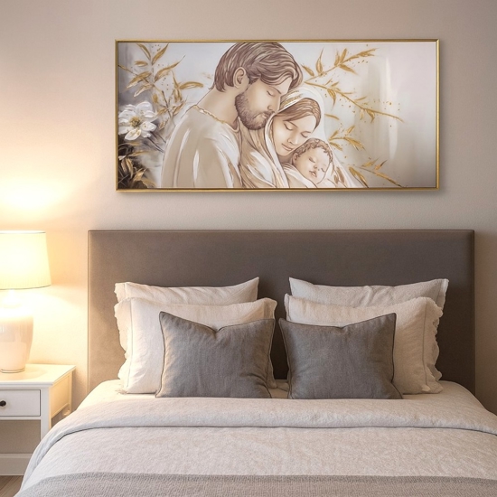 Capezzale sacra famiglia 120x60 decorato resina lucido cornice oro