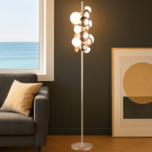 Lampada da terra moderna oro sfere vetro bianco per soggiorno