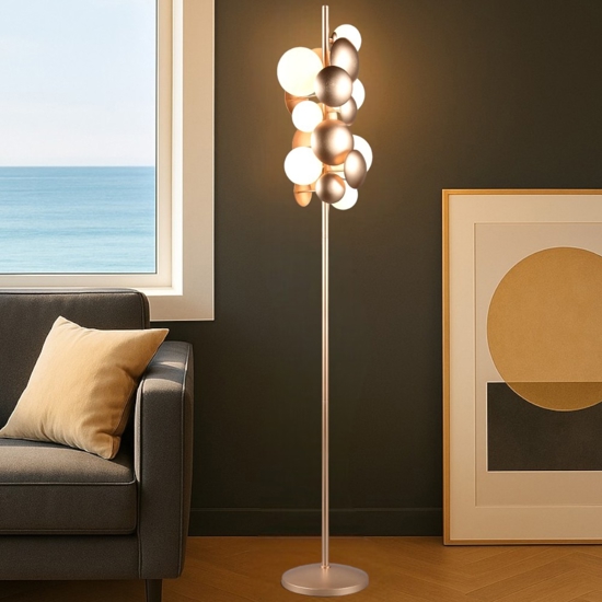 Lampada da terra moderna oro sfere vetro bianco per soggiorno