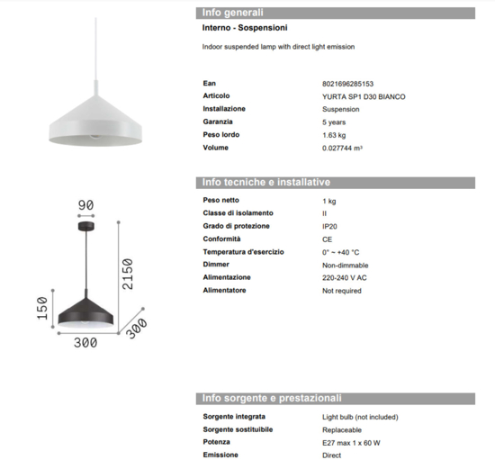 Ideal lux yurta sp1 d30 lampadario bianco per cucina design cono 30cm