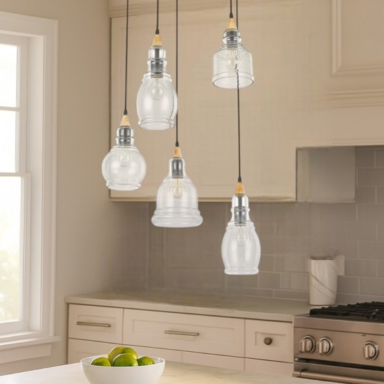 Gretel sp5 ideal lux lampadario vetri barattolo inserti legno
