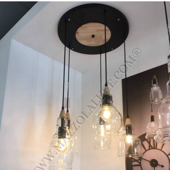 Gretel sp5 ideal lux lampadario vetri barattolo inserti legno