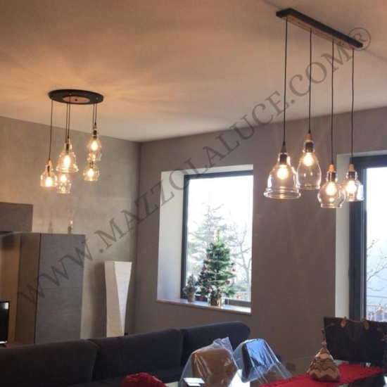 Gretel sp5 ideal lux lampadario vetri barattolo inserti legno