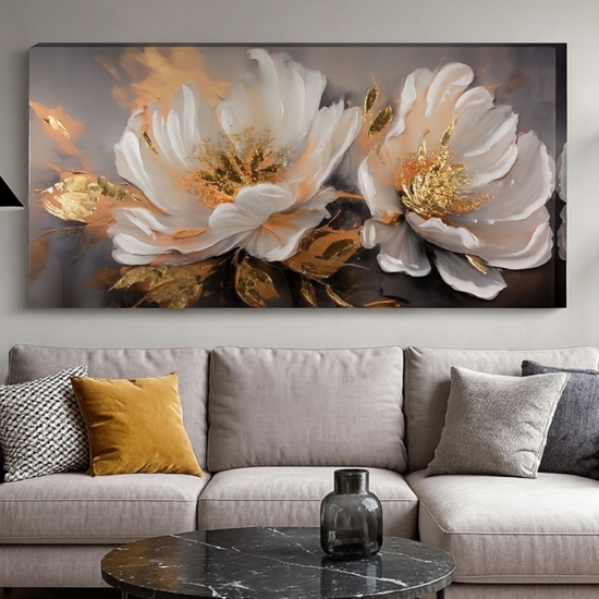 Quadro floreale moderno 150x75 resina lucida cornice oro