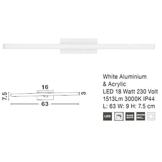 Applique da bagno led 18w 3000k bianca ip44