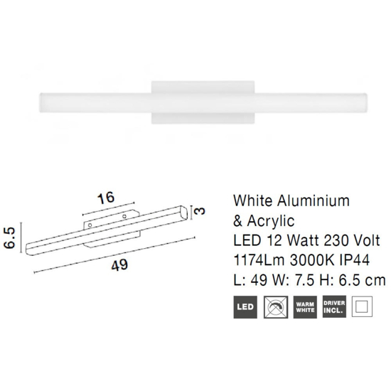 Applique bianca per specchio bagno moderno led 12w