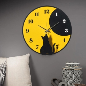 Orologio da parete moderno rotondo 43cm giallo gatto nero